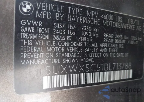 2011 BMW X3 xDrive28I из США, поврежденный, VIN 5UXWX5C51BL713788